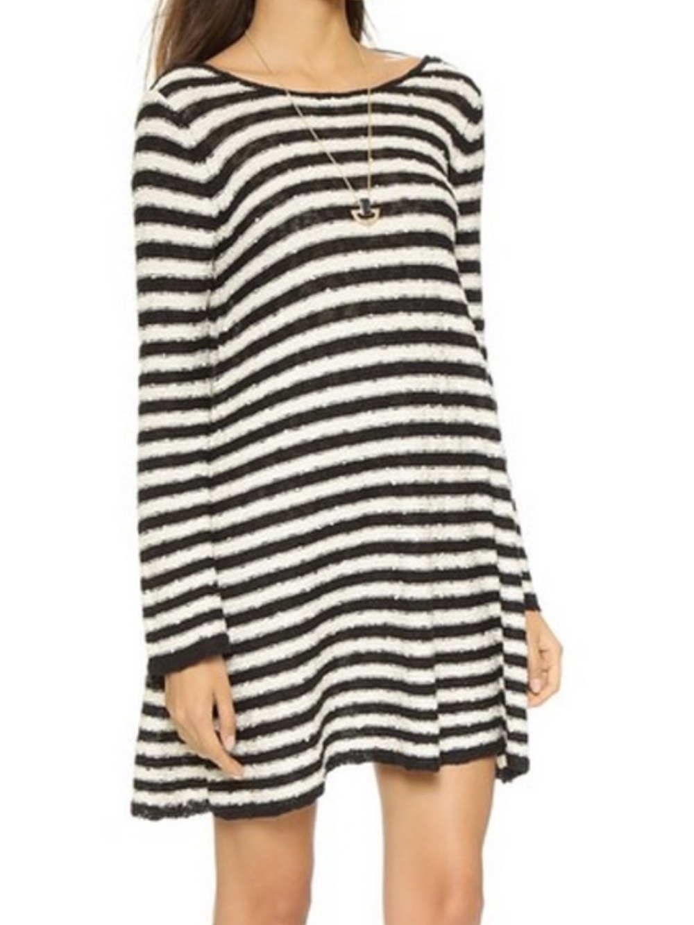 FP- Free People Striped Black and White Long Sleeve Swing Dress, SZ Large